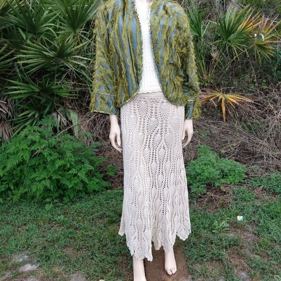 EUC VINTAGE ZONDA NELLIS Blue/Gray Satin with Olive Green Shag & Velvet Trim M - Picture 10 of 11